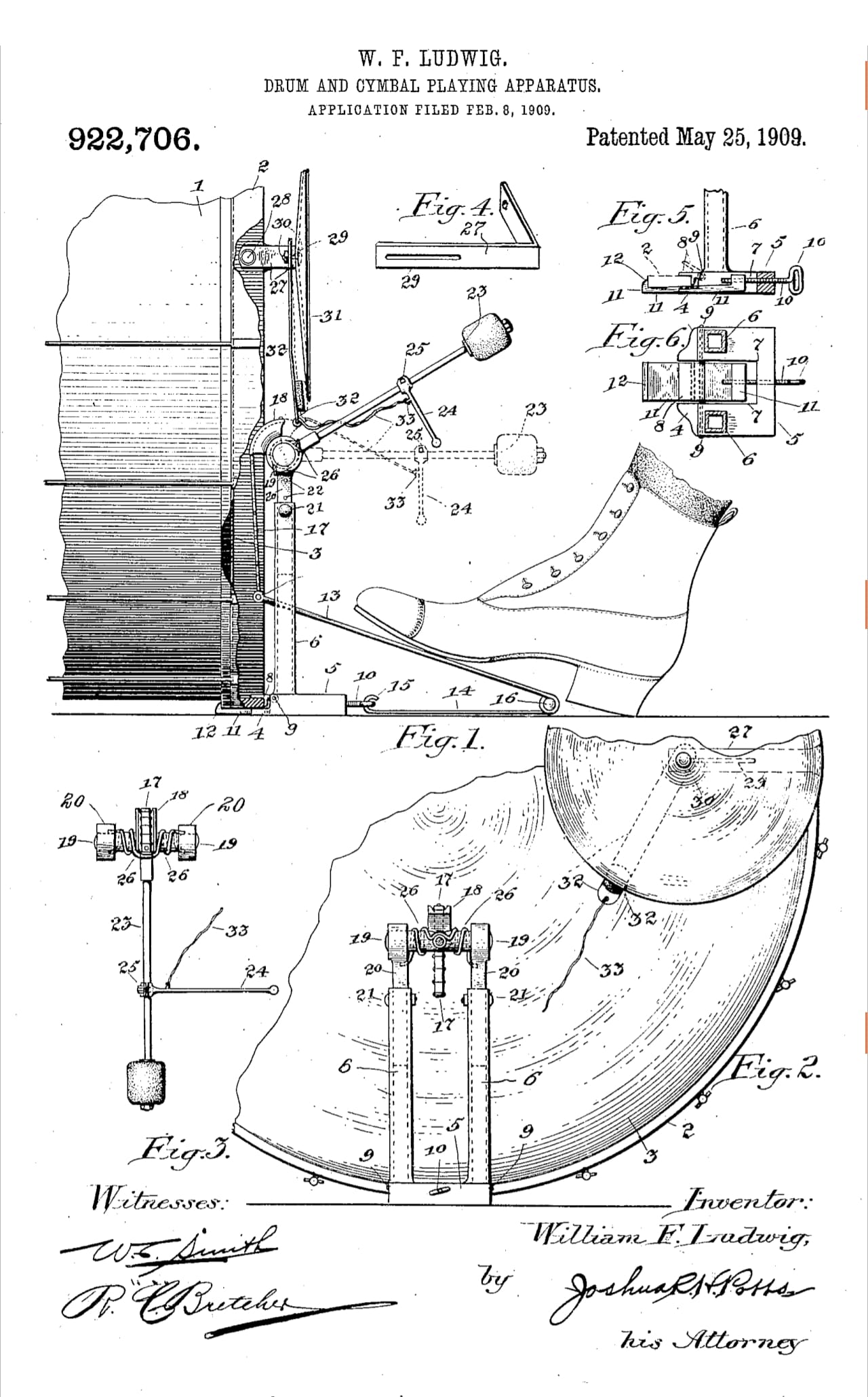 William F. Ludwig 1909 metų didžiojo būgno pedalo patento brėžinys